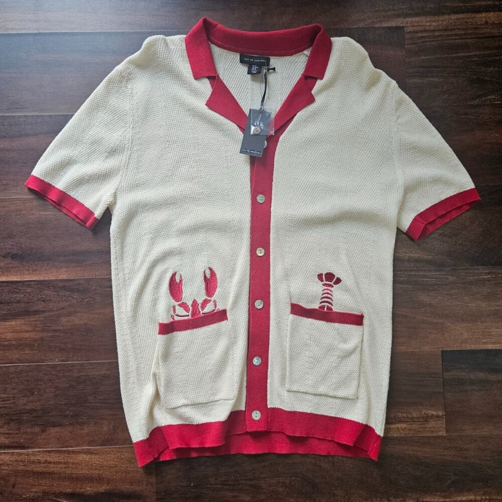 NEW Art Of Rhetoric Mens Med Cardigan Sweater Embroidered Red Cream Lobster